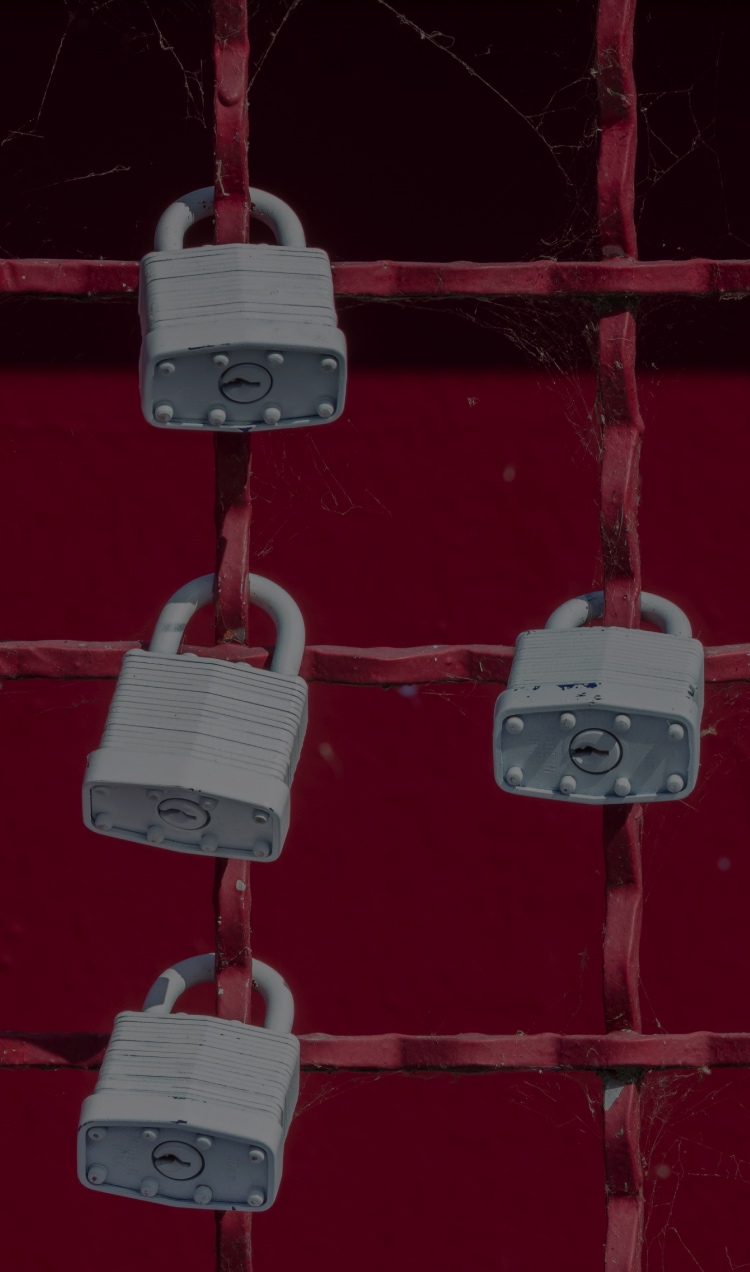 A red metal grid with locks.