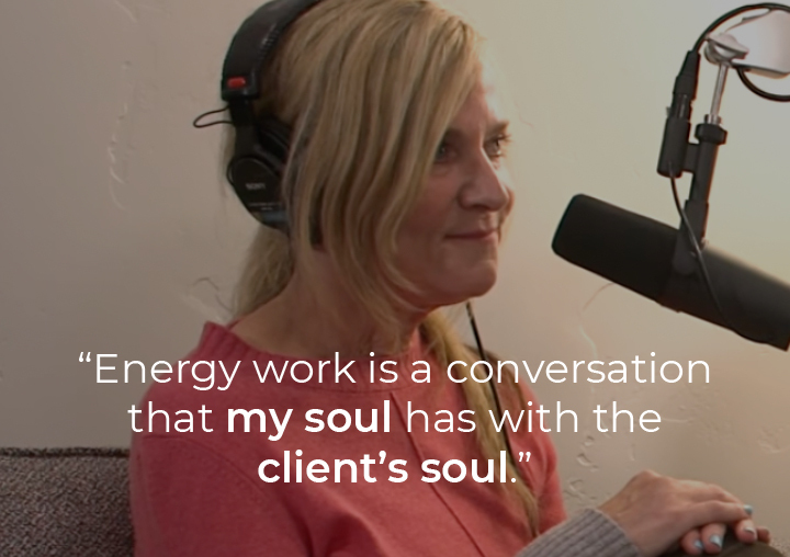 Annie Richards speaking into a podcast microphone with a text overlay: